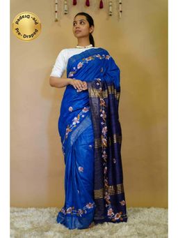 Isadora Life - Womens Floral Embroidered Blue Pre-Draped Saree With Unstitched Blouse