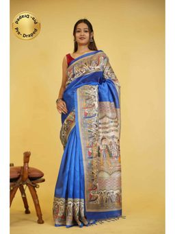 Isadora Life - Womens Printed Tassels Blue Pre-Draped Saree With Unstitched Blouse
