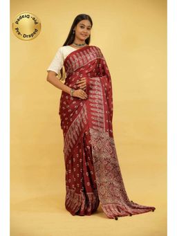 Isadora Life - Womens Floral Block Print Maroon Pre-Draped Saree With Unstitched Blouse
