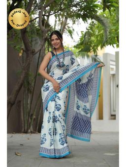 Isadora Life - Womens Floral Printed White Pre-Draped Saree With Unstitched Blouse