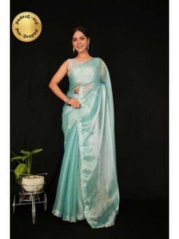 Isadora Life - Womens Sequined Blue Pre-Draped Saree With Unstitched Blouse