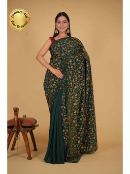 Isadora Life - Womens Floral Embroidered Green Pre-Draped Saree With Unstitched Blouse