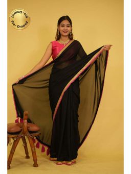 Isadora Life - Womens Solid Tassels Black Pre-Draped Saree With Unstitched Blouse