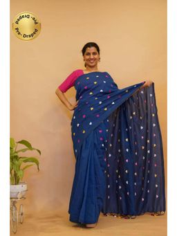 Isadora Life - Womens Embroidered Tassels Navy Blue Pre-Draped Saree With Unstitched Blouse