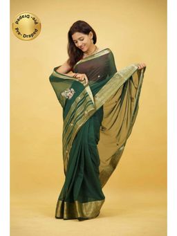 Isadora Life - Womens Embroidered Zari Green Pre-Draped Saree With Unstitched Blouse
