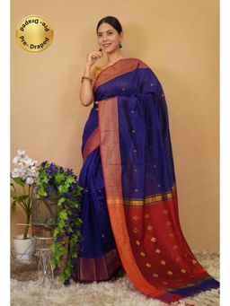 Isadora Life - Womens Woven Tassels Blue Pre-Draped Saree With Unstitched Blouse
