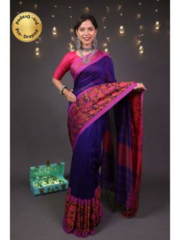 Isadora Life - Womens Woven Tassels Navy Blue Pre-Draped Saree With Unstitched Blouse