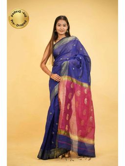 Isadora Life - Womens Printed Tassels Blue Pre-Draped Saree With Unstitched Blouse