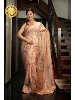 Isadora Life - Womens Woven Zari Beige Pre-Draped Saree With Unstitched Blouse