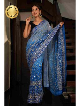 Isadora Life - Womens Ombre Embroidered Blue Pre-Draped Saree With Unstitched Blouse