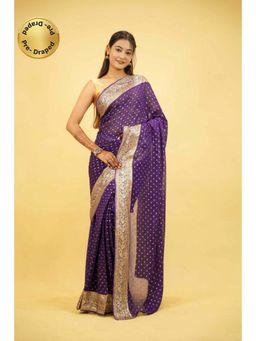 Isadora Life - Womens Woven Zari Purple Pre-Draped Saree With Unstitched Blouse