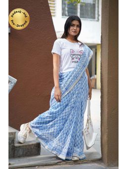 Isadora Life - Womens Block Print Blue Pre-Draped Saree With Unstitched Blouse