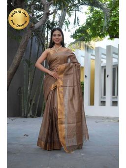 Isadora Life - Womens Solid Tassels Brown Pre-Draped Saree With Unstitched Blouse