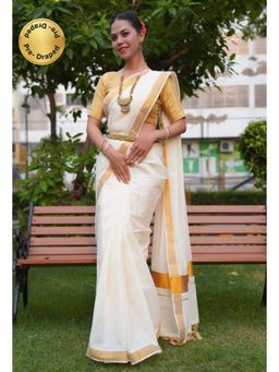 Isadora Life - Womens Solid Zari White Pre-Draped Saree With Unstitched Blouse