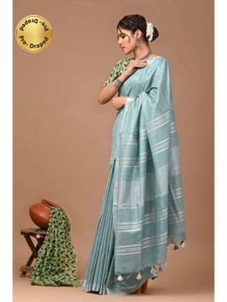 Isadora Life - Womens Stripes Tassels Blue Pre-Draped Saree With Unstitched Blouse