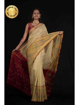 Isadora Life - Womens Woven Tassels Beige Pre-Draped Saree With Unstitched Blouse
