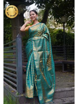 Isadora Life - Womens Woven Zari Blue Pre-Draped Saree With Unstitched Blouse