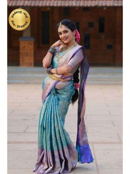 Isadora Life - Womens Woven Zari Blue Pre-Draped Saree With Unstitched Blouse