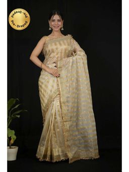 Isadora Life - Womens Stripes Embroidered Ivory Pre-Draped Saree With Unstitched Blouse