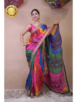 Isadora Life - Womens Bandhani Printed Multi-Color Pre-Draped Saree With Unstitched Blouse