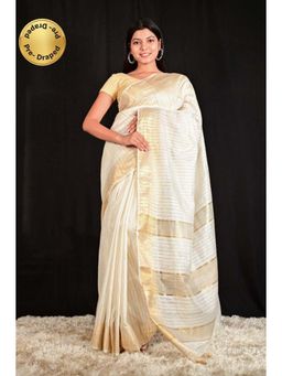 Isadora Life - Womens Stripes Zari Ivory Pre-Draped Saree With Unstitched Blouse