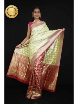 Isadora Life - Womens Woven Zari Green Pre-Draped Saree With Unstitched Blouse