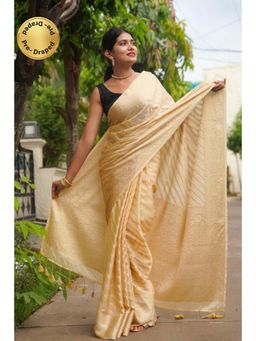 Isadora Life - Womens Stripes Tassels Beige Pre-Draped Saree With Unstitched Blouse
