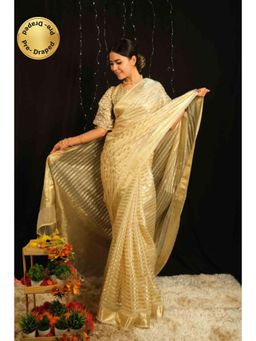 Isadora Life - Womens Stripes Tassels Gold Pre-Draped Saree With Unstitched Blouse