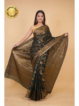 Isadora Life - Womens Woven Zari Green Pre-Draped Saree With Unstitched Blouse