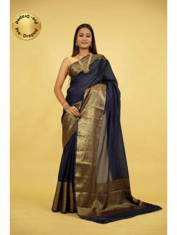 Isadora Life - Womens Woven Zari Navy Blue Pre-Draped Saree With Unstitched Blouse