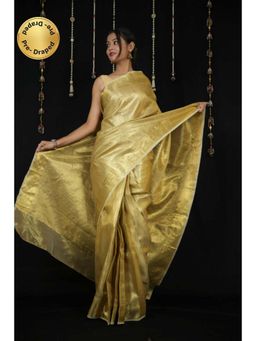 Isadora Life - Womens Woven Zari Yellow Pre-Draped Saree With Unstitched Blouse