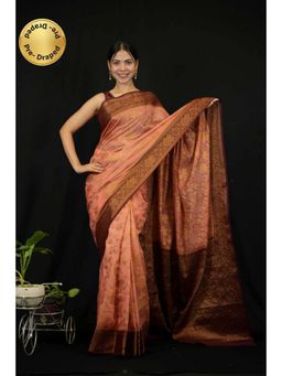 Isadora Life - Womens Woven Zari Peach Pre-Draped Saree With Unstitched Blouse