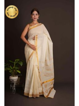 Isadora Life - Womens Woven Zari White Pre-Draped Saree With Unstitched Blouse