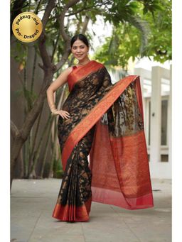 Isadora Life - Womens Floral Woven Green Pre-Draped Saree With Unstitched Blouse