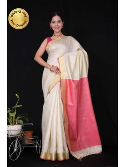 Isadora Life - Womens Solid Tassels White Pre-Draped Saree With Unstitched Blouse