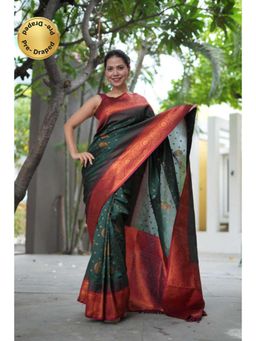 Isadora Life - Womens Woven Tassels Green Pre-Draped Saree With Unstitched Blouse