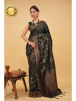 Isadora Life - Womens Printed Tassels Black Pre-Draped Saree With Unstitched Blouse