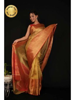 Isadora Life - Womens Solid Zari Gold Pre-Draped Saree With Unstitched Blouse