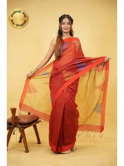 Isadora Life - Womens Woven Ikat Red Pre-Draped Saree With Unstitched Blouse