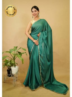 Isadora Life - Womens Solid Sequined Green Pre-Draped Saree With Unstitched Blouse