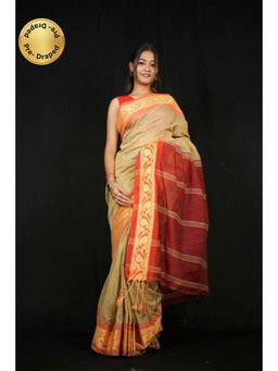 Isadora Life - Womens Woven Tassels Beige Pre-Draped Saree With Unstitched Blouse