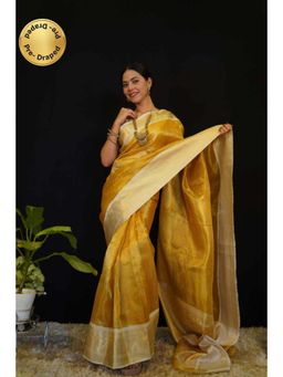 Isadora Life - Womens Woven Zari Yellow Pre-Draped Saree With Unstitched Blouse