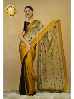 Isadora Life - Womens Printed Yellow Pre-Draped Saree With Unstitched Blouse