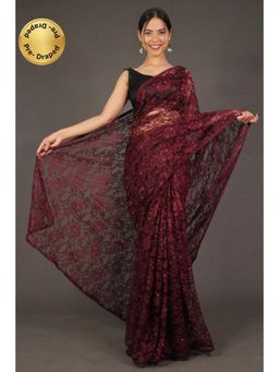 Isadora Life - Womens Sequined Lace Work Maroon Pre-Draped Saree With Unstitched Blouse