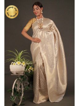 Isadora Life - Womens Woven Zari Ivory Pre-Draped Saree With Unstitched Blouse