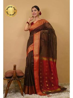 Isadora Life - Womens Woven Zari Brown Pre-Draped Saree With Unstitched Blouse