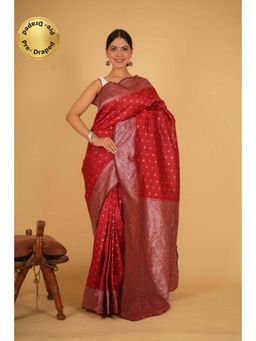 Isadora Life - Womens Zari Printed Red Pre-Draped Saree With Unstitched Blouse