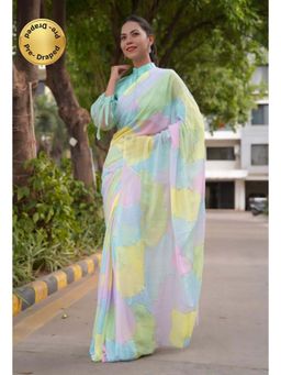 Isadora Life - Womens Printed Multi-Color Pre-Draped Saree With Unstitched Blouse
