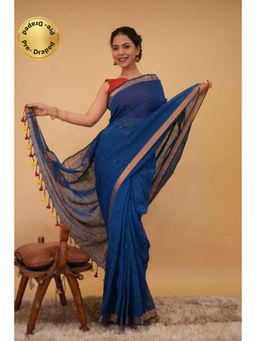 Isadora Life - Womens Woven Sequined Blue Pre-Draped Saree With Unstitched Blouse