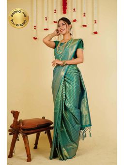 Isadora Life - Womens Woven Tassels Green Pre-Draped Saree With Unstitched Blouse